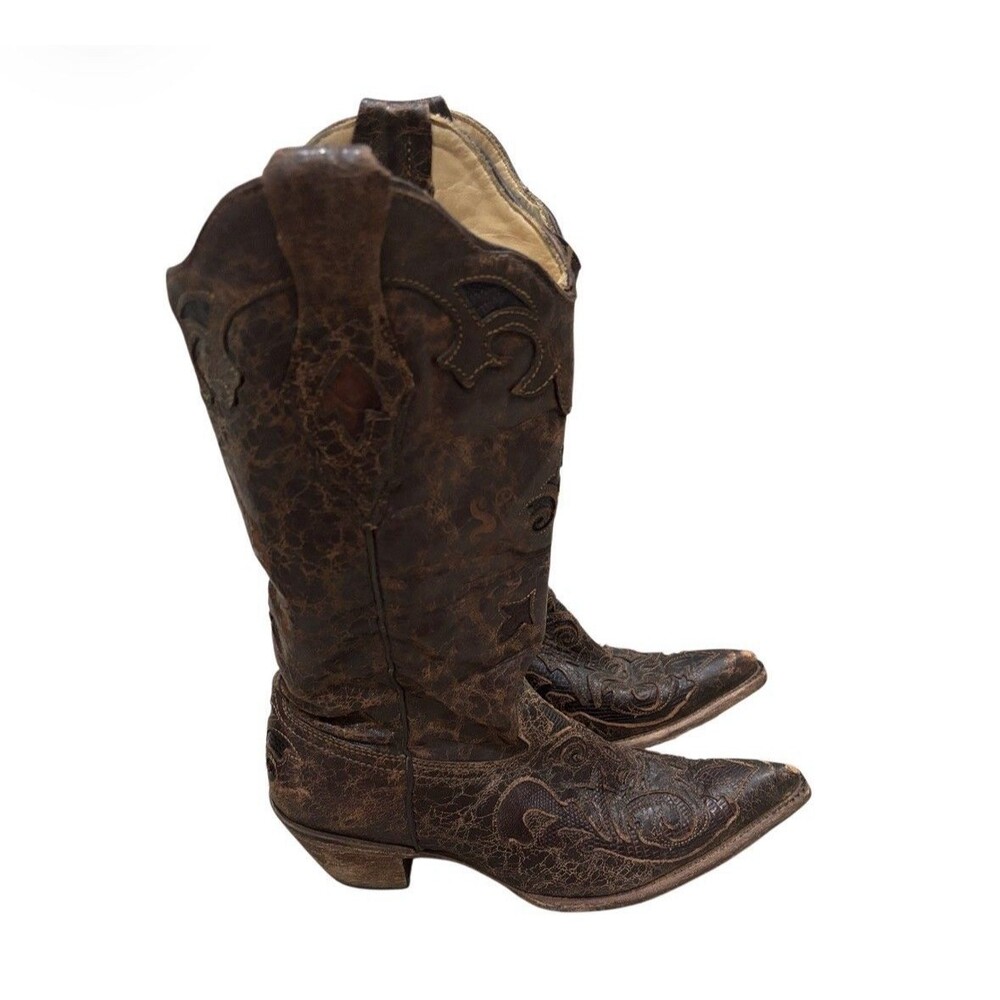 CORRAL C2109 Brown, Lizard Leather Inlay Western Snip Toe Cowgirl Boots Sz 9M